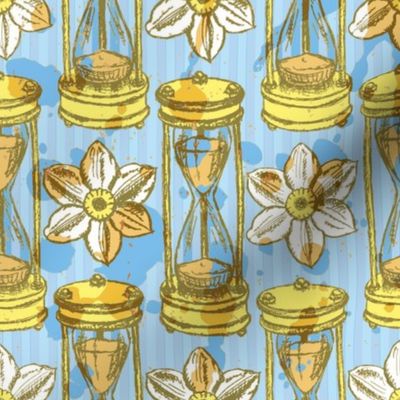 Time Hour Glass & Daisies on Blue