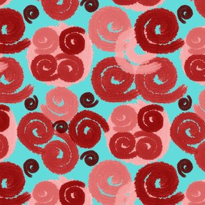 Red and Pink Spirals on Aqua