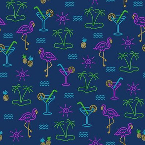 Flamingo neon tiny small retro navy Fabric