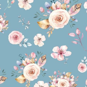 Blue Spring Floral in Gold and Pink