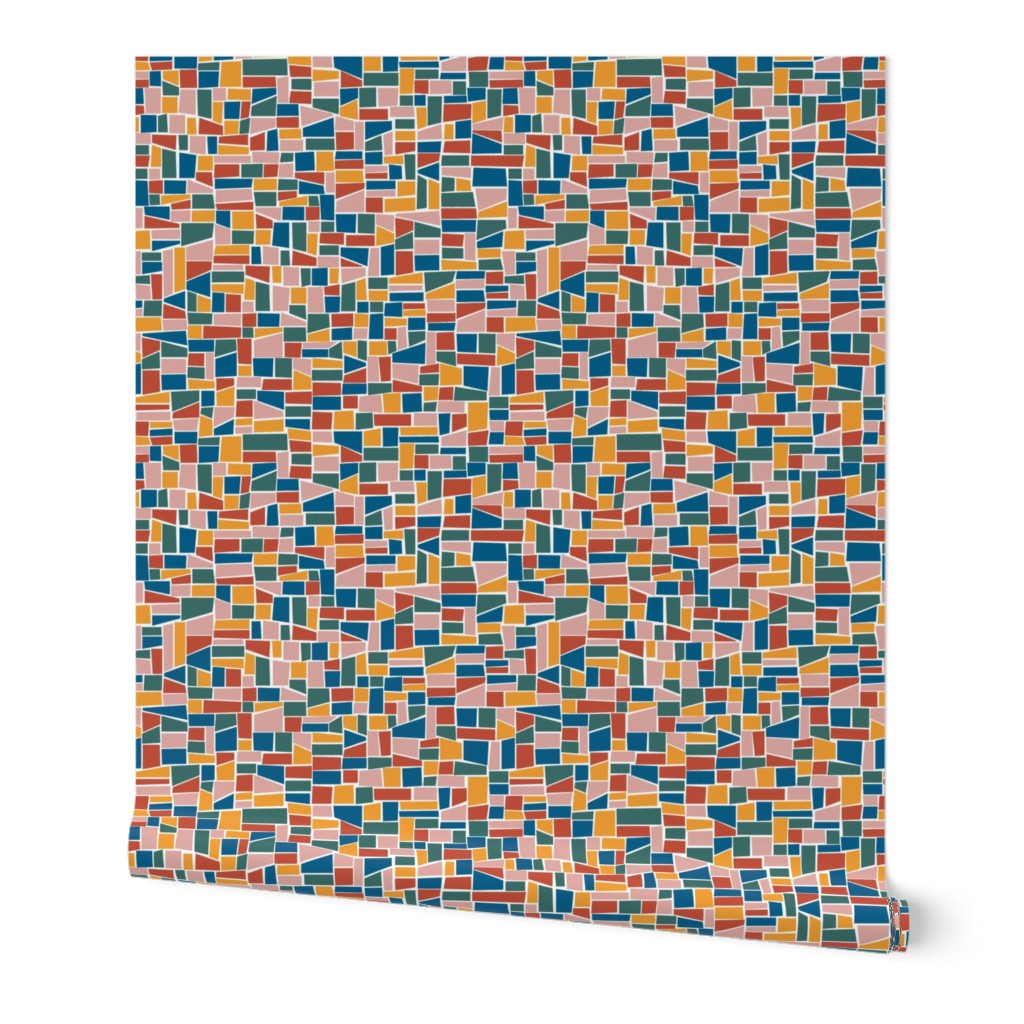 mini mosaic tile print_retro primary blue, saffron orange-yellow and warm red