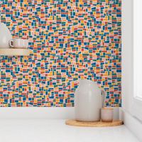 mini mosaic tile print_retro primary blue, saffron orange-yellow and warm red