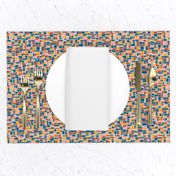 mini mosaic tile print_retro primary blue, saffron orange-yellow and warm red