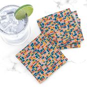 mini mosaic tile print_retro primary blue, saffron orange-yellow and warm red