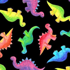 Bright Colorful Hand Painted Gouache Dinos on Black - medium
