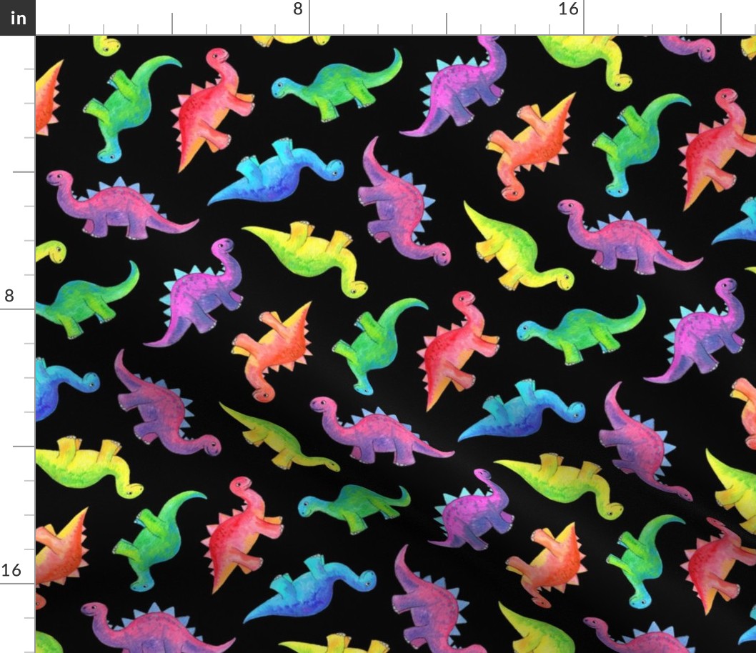 Bright Colorful Hand Painted Gouache Dinos on Black - medium