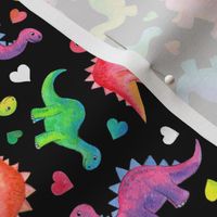Bright Colorful Hand Painted Gouache Dinos and Hearts on Black - small