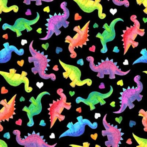 Bright Colorful Hand Painted Gouache Dinos and Hearts on Black - small