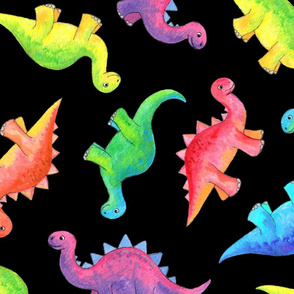 Bright Colorful Hand Painted Gouache Dinos on Black - large