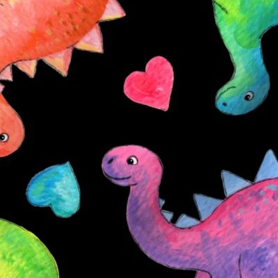 Bright Colorful Hand Painted Gouache Dinos and Hearts on Black - large