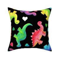 Bright Colorful Hand Painted Gouache Dinos and Hearts on Black - large