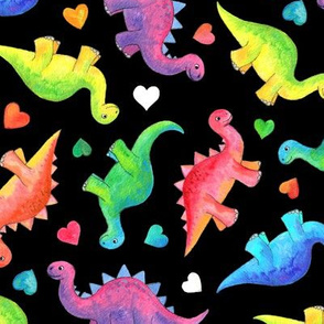 Bright Colorful Hand Painted Gouache Dinos and Hearts on Black - medium