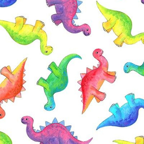 Bright Colorful Hand Painted Gouache Dinos on White - medium