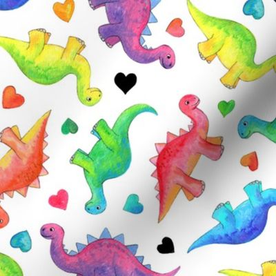 Bright Colorful Hand Painted Gouache Dinos and Hearts on White - medium