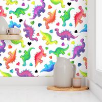 Bright Colorful Hand Painted Gouache Dinos and Hearts on White - medium