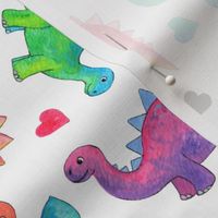 Bright Colorful Hand Painted Gouache Dinos and Hearts on White - medium