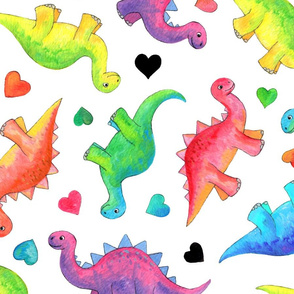 Bright Colorful Hand Painted Gouache Dinos and Hearts on White - large