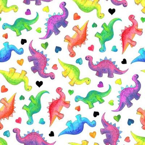 Bright Colorful Hand Painted Gouache Dinos and Hearts on White - small