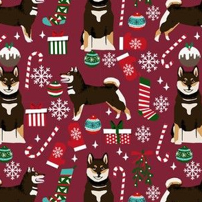 shiba inu christmas fabric, shiba inu holiday, shiba inu fabric, dog fabric, shiba inu fabric by the yard, dog fabric by the yard, cute dog fabric -  burgundy