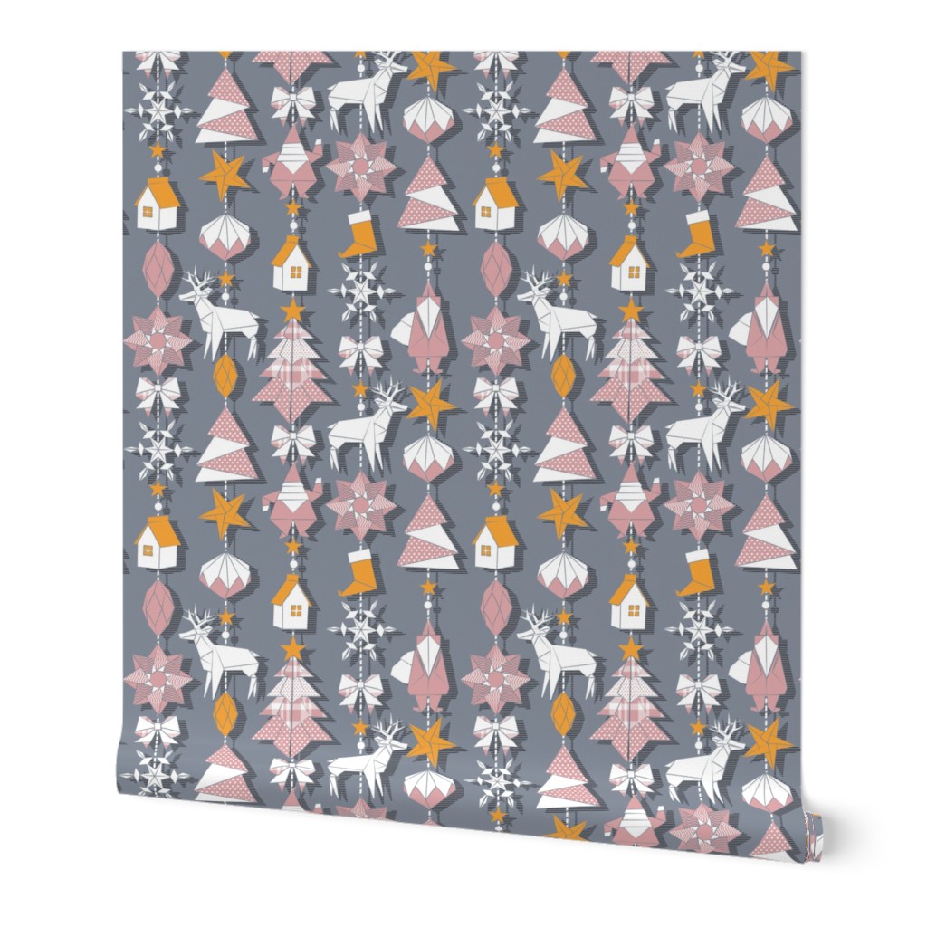 Origami Christmas Dream Catcher // grey background white, yellow saffron and pink blush trees, santas, houses, stars, deers, ribbons and boots