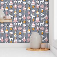 Origami Christmas Dream Catcher // grey background white, yellow saffron and pink blush trees, santas, houses, stars, deers, ribbons and boots