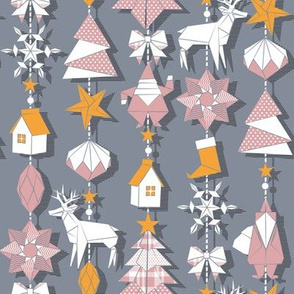Origami Christmas Dream Catcher // grey background white, yellow saffron and pink blush trees, santas, houses, stars, deers, ribbons and boots