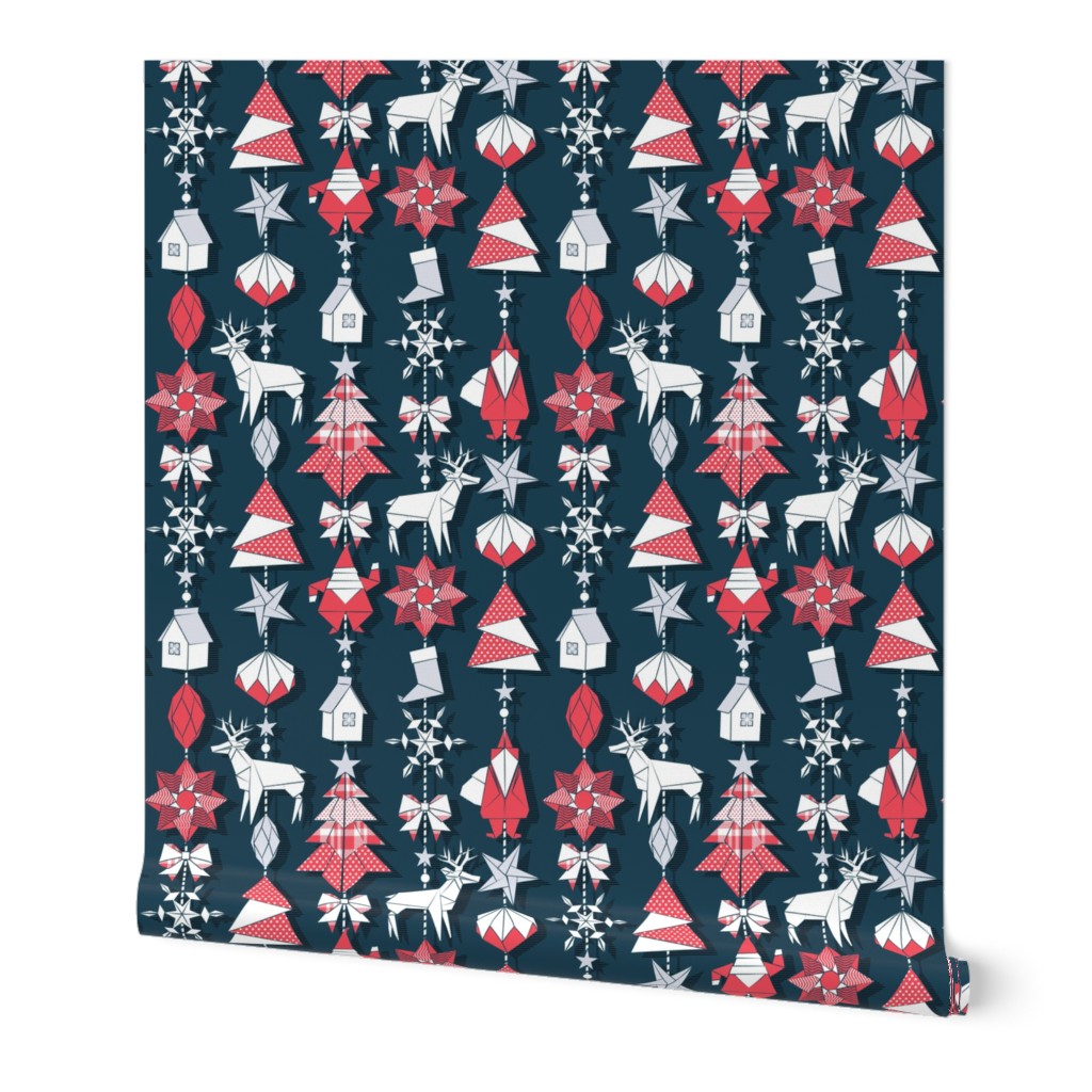 Origami Christmas Dream Catcher // dark blue background white, red and grey trees, santas, houses, stars, deers, ribbons and boots