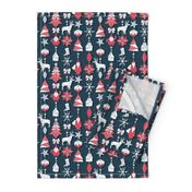 Origami Christmas Dream Catcher // dark blue background white, red and grey trees, santas, houses, stars, deers, ribbons and boots