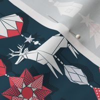 Origami Christmas Dream Catcher // dark blue background white, red and grey trees, santas, houses, stars, deers, ribbons and boots