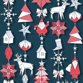 Origami Christmas Dream Catcher // dark blue background white, red and grey trees, santas, houses, stars, deers, ribbons and boots