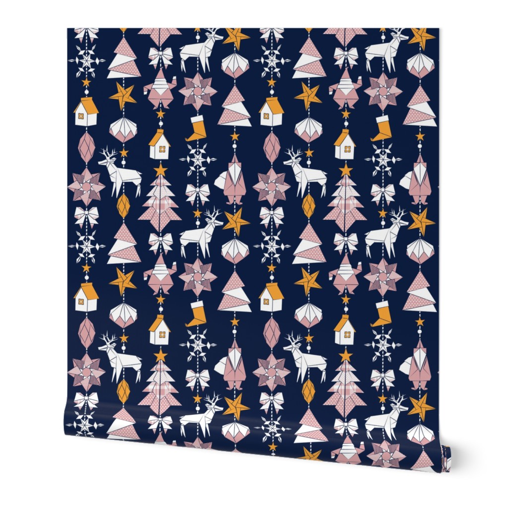 Origami Christmas Dream Catcher // navy background white, yellow saffron and pink blush trees, santas, houses, stars, deers, ribbons and boots