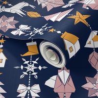 Origami Christmas Dream Catcher // navy background white, yellow saffron and pink blush trees, santas, houses, stars, deers, ribbons and boots