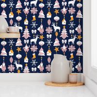 Origami Christmas Dream Catcher // navy background white, yellow saffron and pink blush trees, santas, houses, stars, deers, ribbons and boots