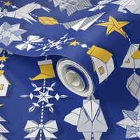 Origami Christmas Dream Catcher // royal blue background white, sunglow yellow and silver grey blush trees, santas, houses, stars, deers, ribbons and boots