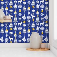Origami Christmas Dream Catcher // royal blue background white, sunglow yellow and silver grey blush trees, santas, houses, stars, deers, ribbons and boots
