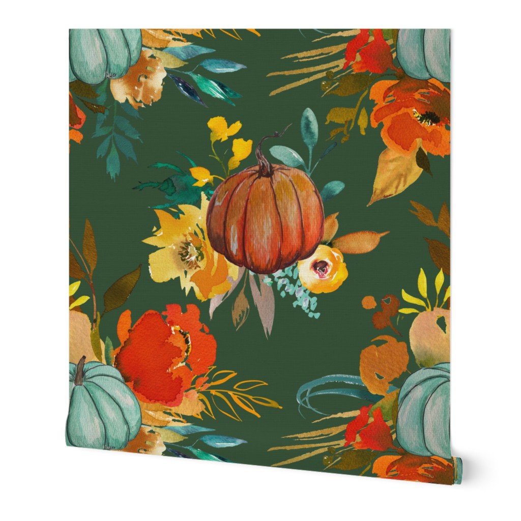 Autumn Pumpkin Floral Watercolor //Forest