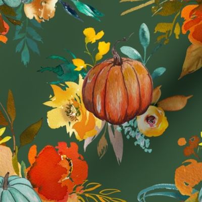 Autumn Pumpkin Floral Watercolor //Forest