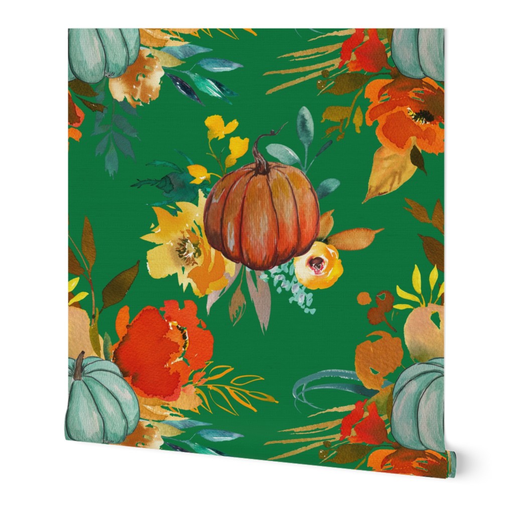 Autumn Pumpkin Floral Watercolor // Kelly Green