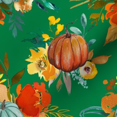 Autumn Pumpkin Floral Watercolor // Kelly Green