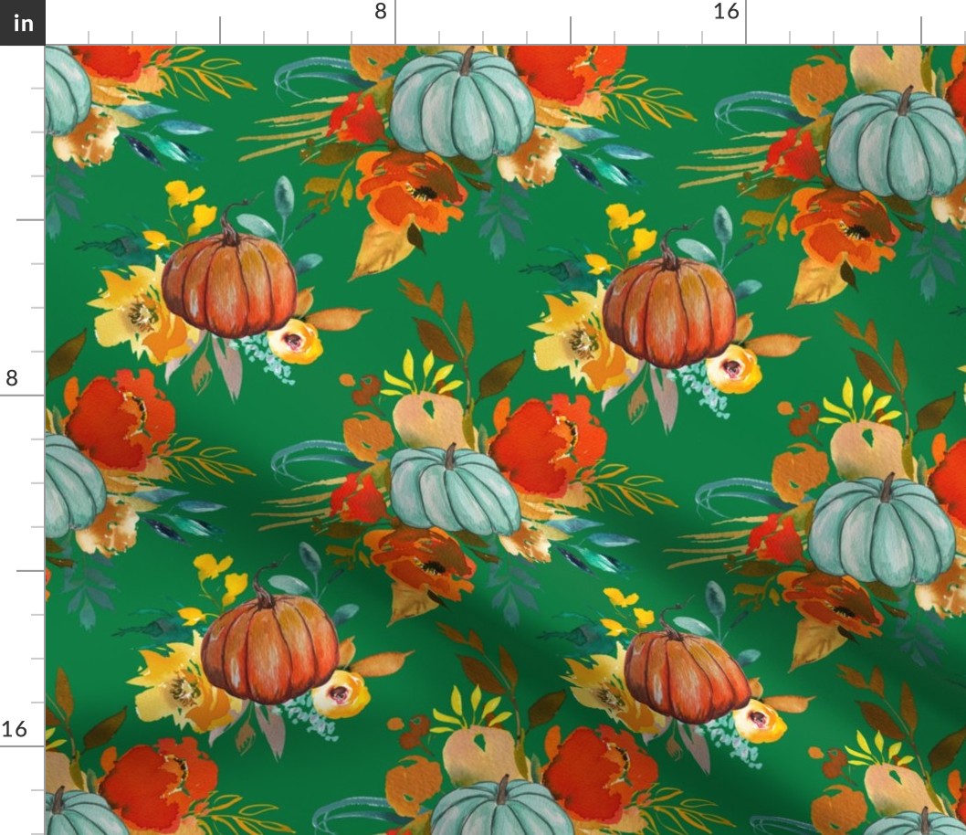 Autumn Pumpkin Floral Watercolor // Kelly Green