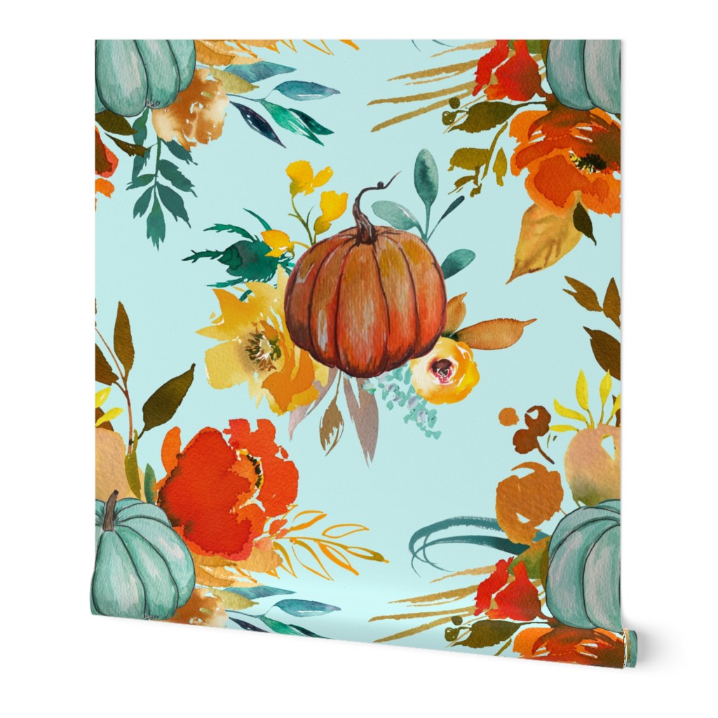 Autumn Pumpkin Floral Watercolor //Mint