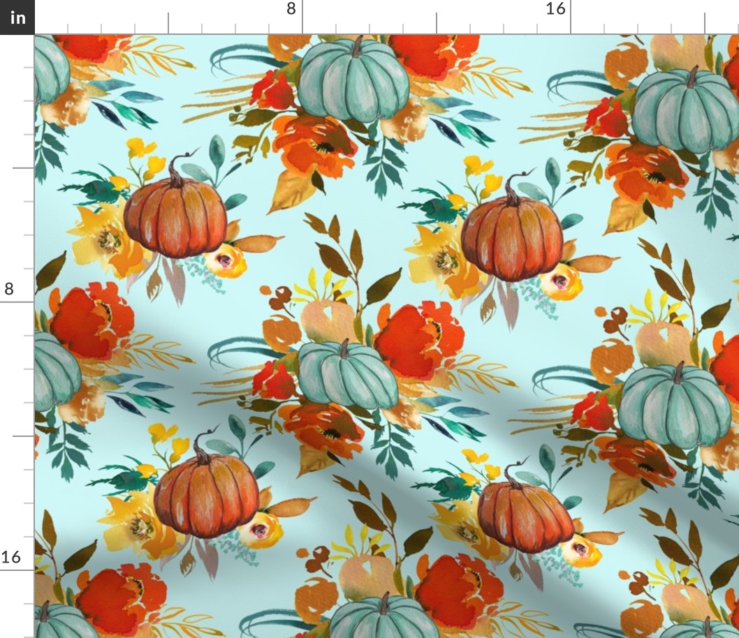 Autumn Pumpkin Floral Watercolor //Mint