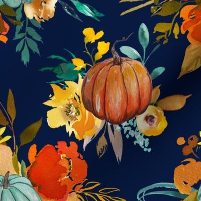 Autumn Pumpkin Floral Watercolor // Navy