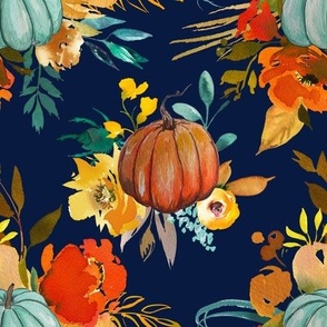 Autumn Pumpkin Floral Watercolor // Navy