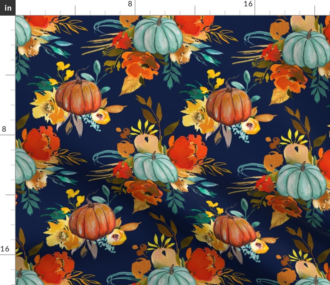 Autumn Pumpkin Floral Watercolor // Navy