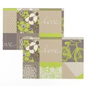 Bohemian Patch Beige Green Cheater Fake Quilt Wholecloth 