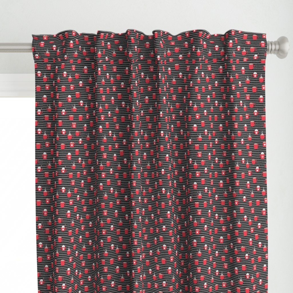 (small scale) hot cocoa - hot chocolate - red on black on grey stripes C18BS