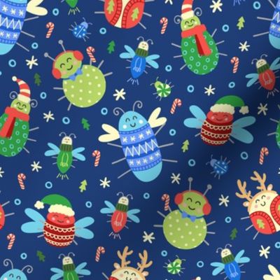 Jolly Christmas Insects on Blue 