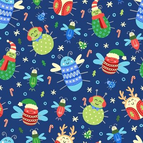 Jolly Christmas Insects on Blue 