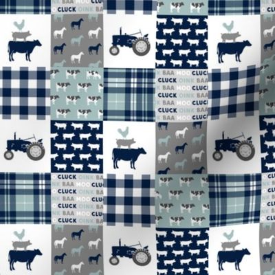 (1.5" small scale) farm life - tractor wholecloth patchwork - navy and dusty blue C18BS